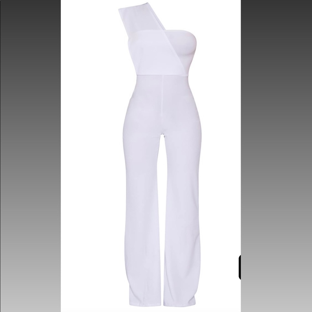 White drape one shoulder jumpsuit